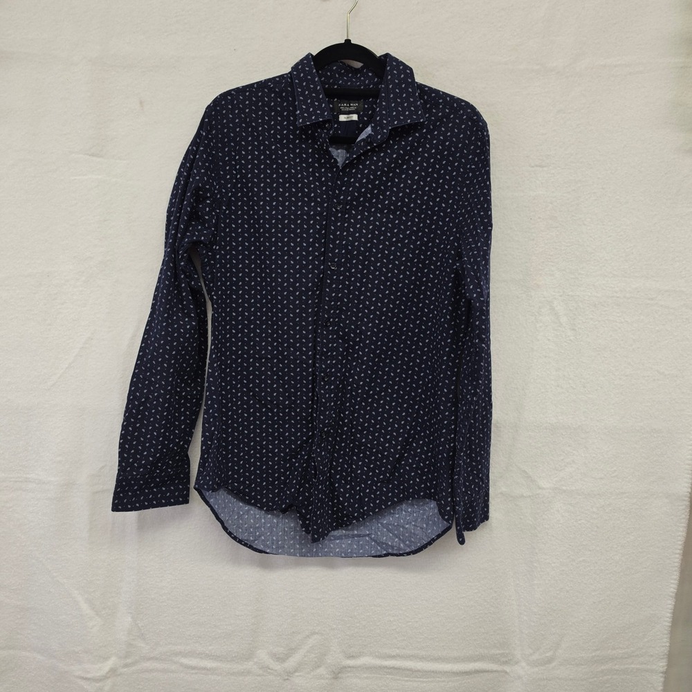 L Zara Man Navy‎ Blue Paisley Print Slim Fit Button Down Shirt Mens Large Cotton